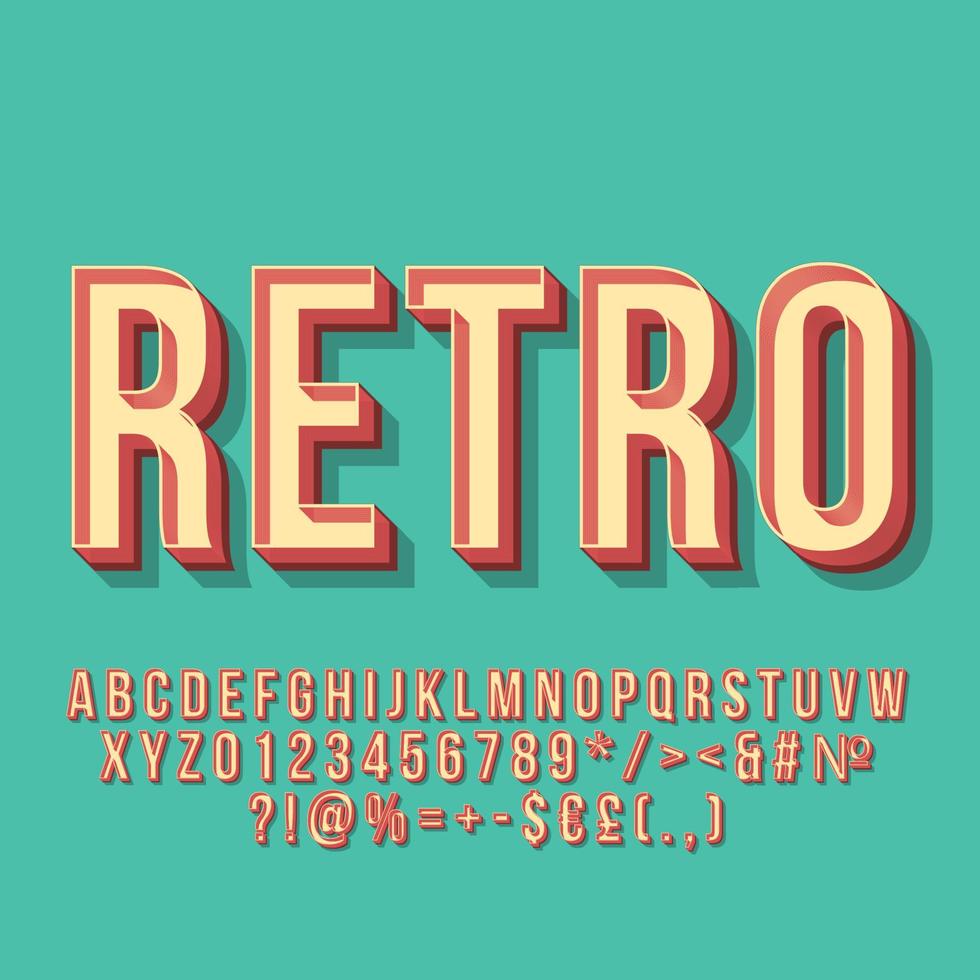 Letras de vector 3d vintage retro. Tipografía en negrita de los 80. texto estilizado del arte pop. paquete de letras, números, símbolos de estilo de la vieja escuela. Cartel de los 90, banner, diseño de tipografía de camiseta. fondo de color turquesa