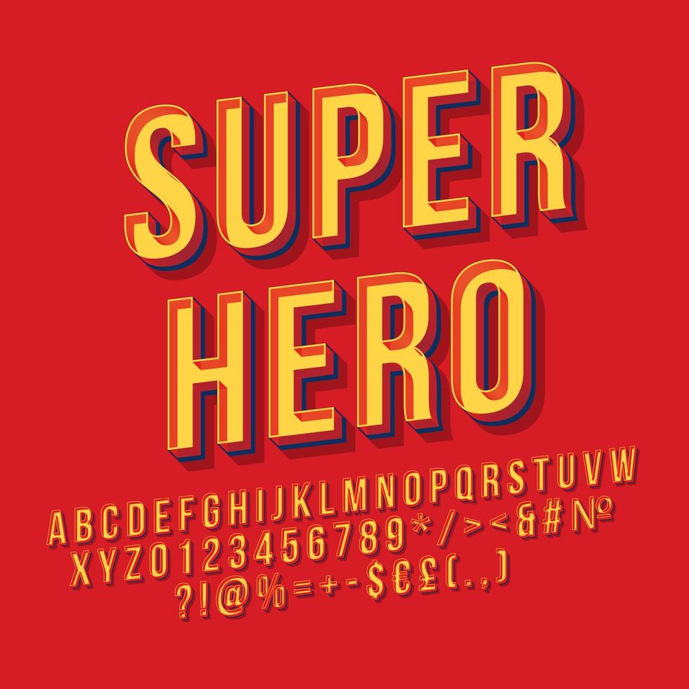 Super hero vintage 3d vector lettering. Retro bold font. Pop art stylized text. Old school style letters, numbers, symbols pack. 90s poster, banner, t shirt typography design. Red color background