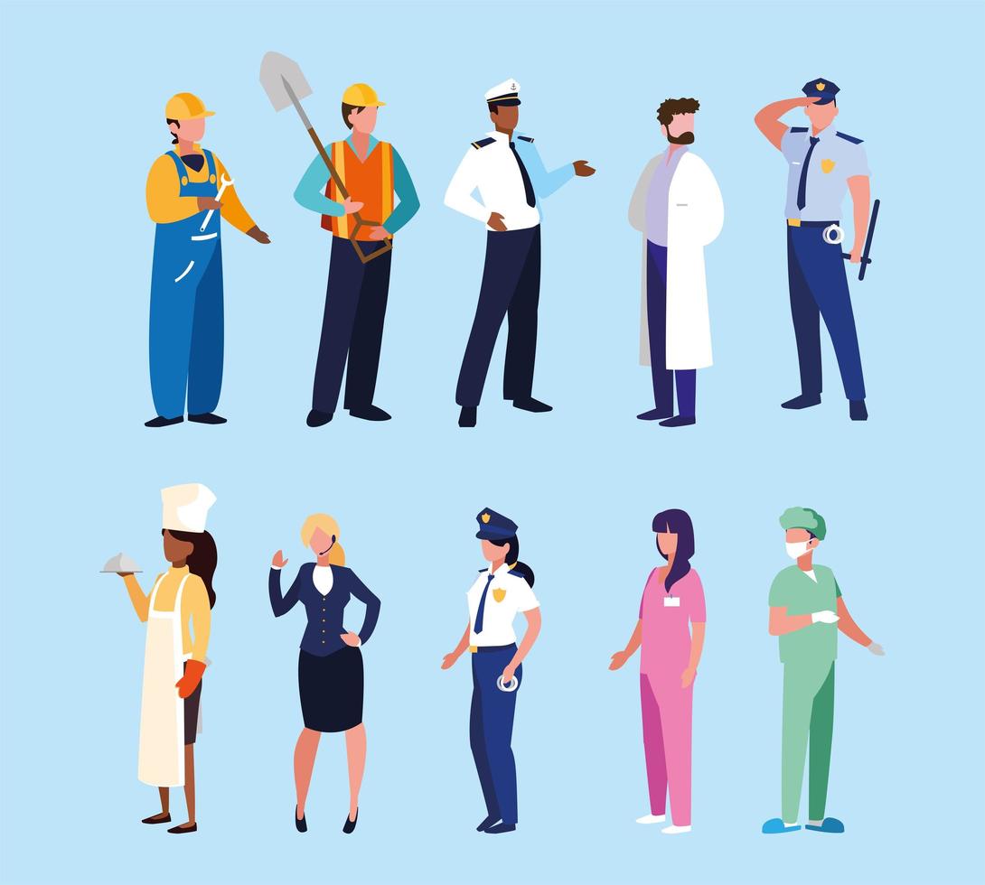 Conjunto de profesiones personas con uniforme de trabajo. vector