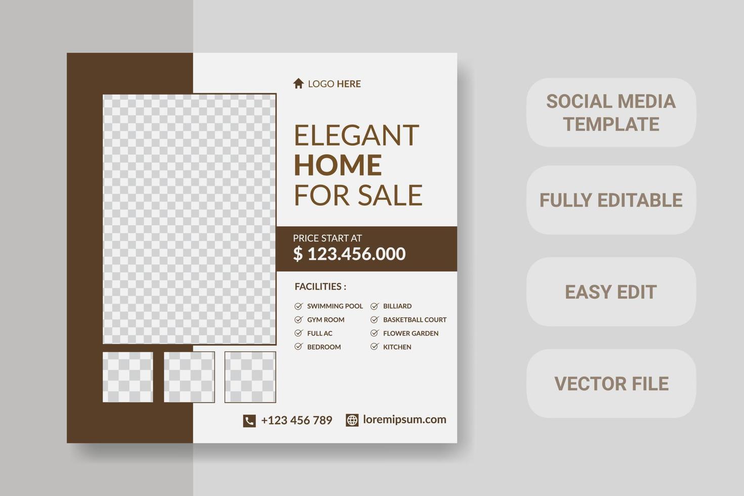 Elegan home for sale social media post banner template design and perfect to online web advertising. vector