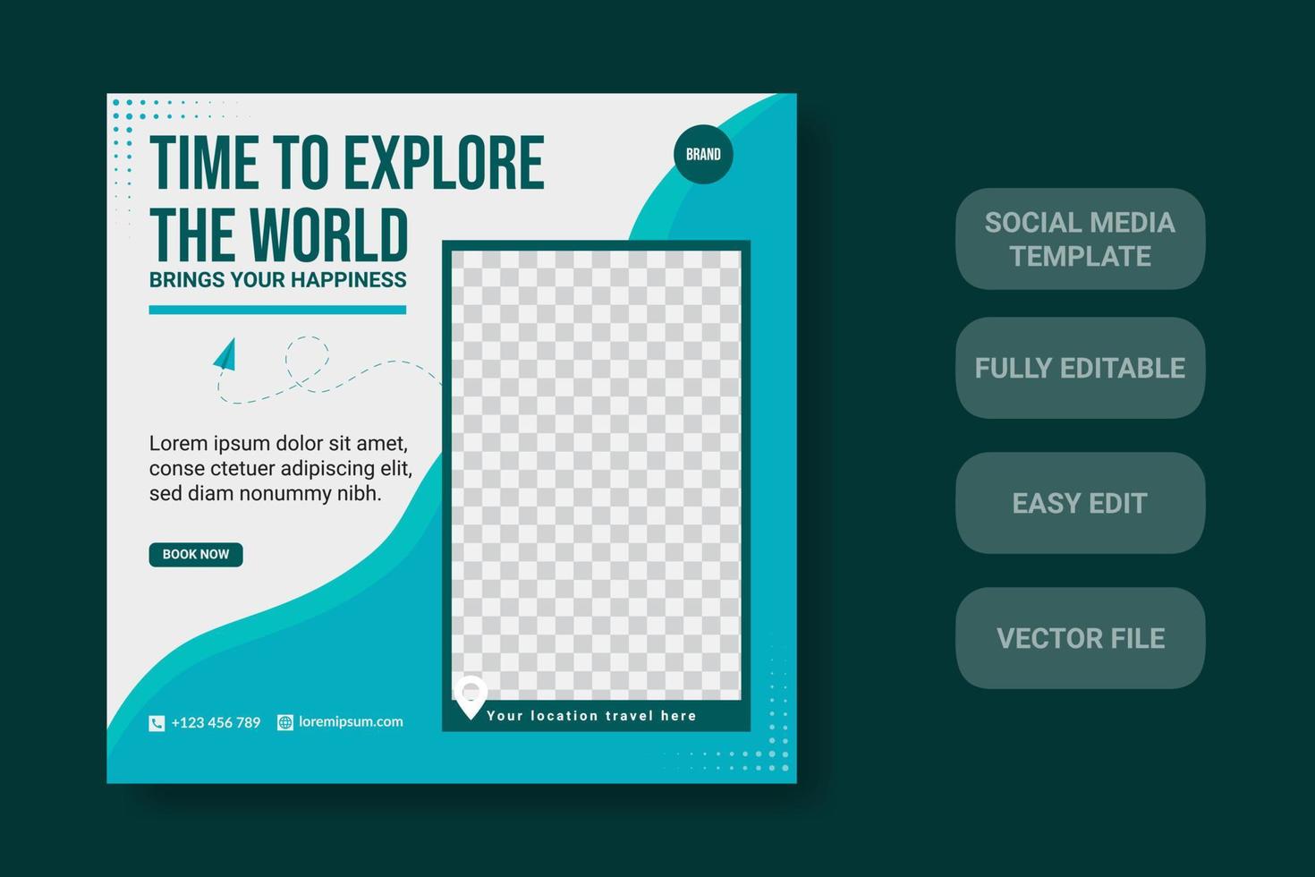 Modern travel social media post template design, perfect for online web banner, advertising, etc. vector