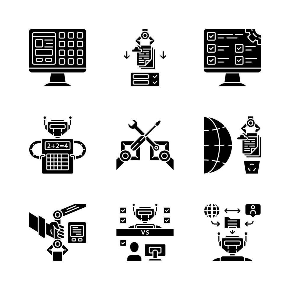 RPA glyph icons set. Robotic process automation benefits. AI worker. GUI, settings, calculation, sorting and analyzing information, PbD. Silhouette symbols. Vector isolated illustration