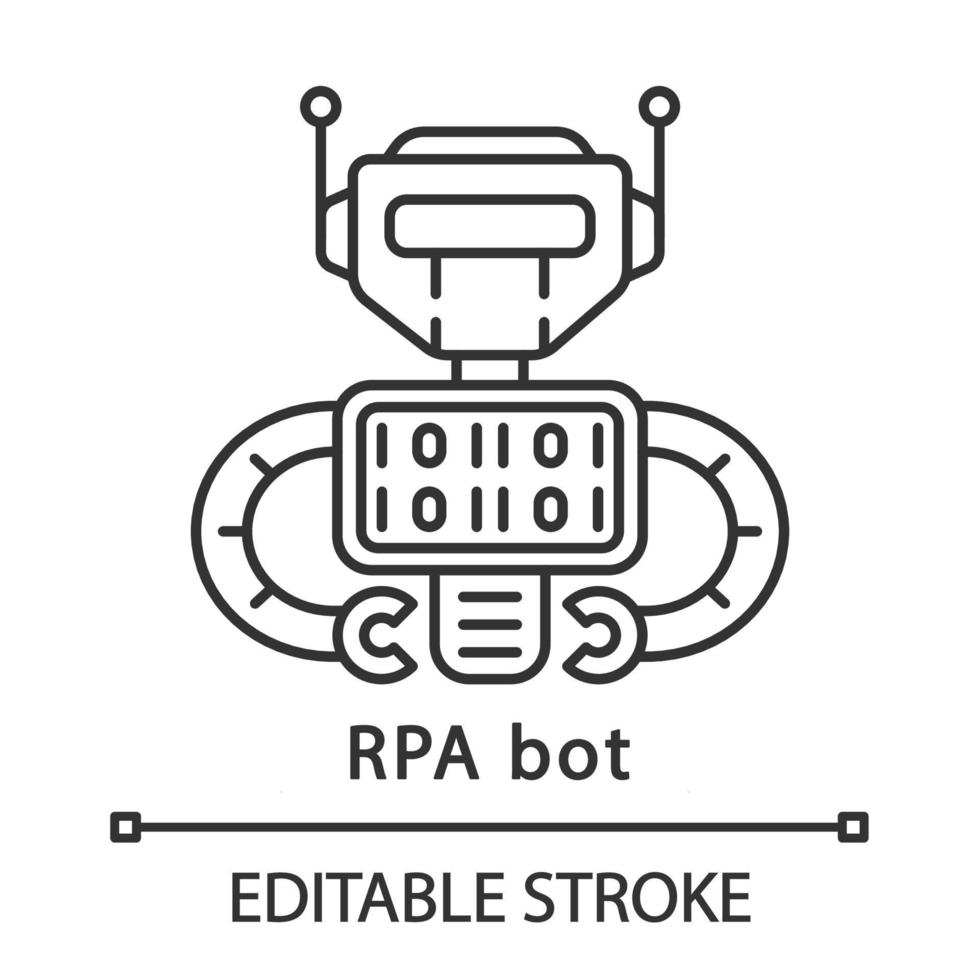 RPA bot linear icon. Programmed cyborg. Software robot. Robotic process automation. Thin line illustration. Contour symbol. Vector isolated outline drawing. Editable stroke