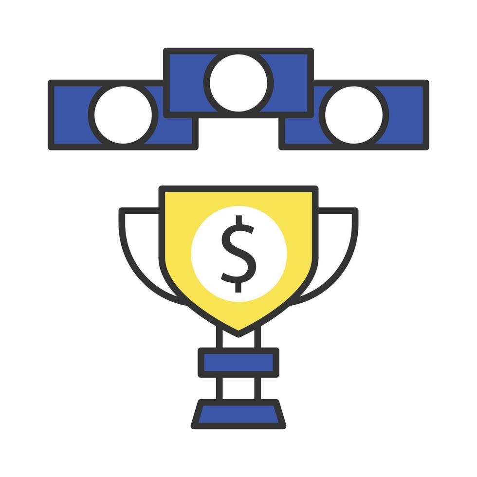 Prize money color icon. Esports tournament. Gamer winning cup with cash. Winner pot of game. Champion trophy. Isolated vector illustration