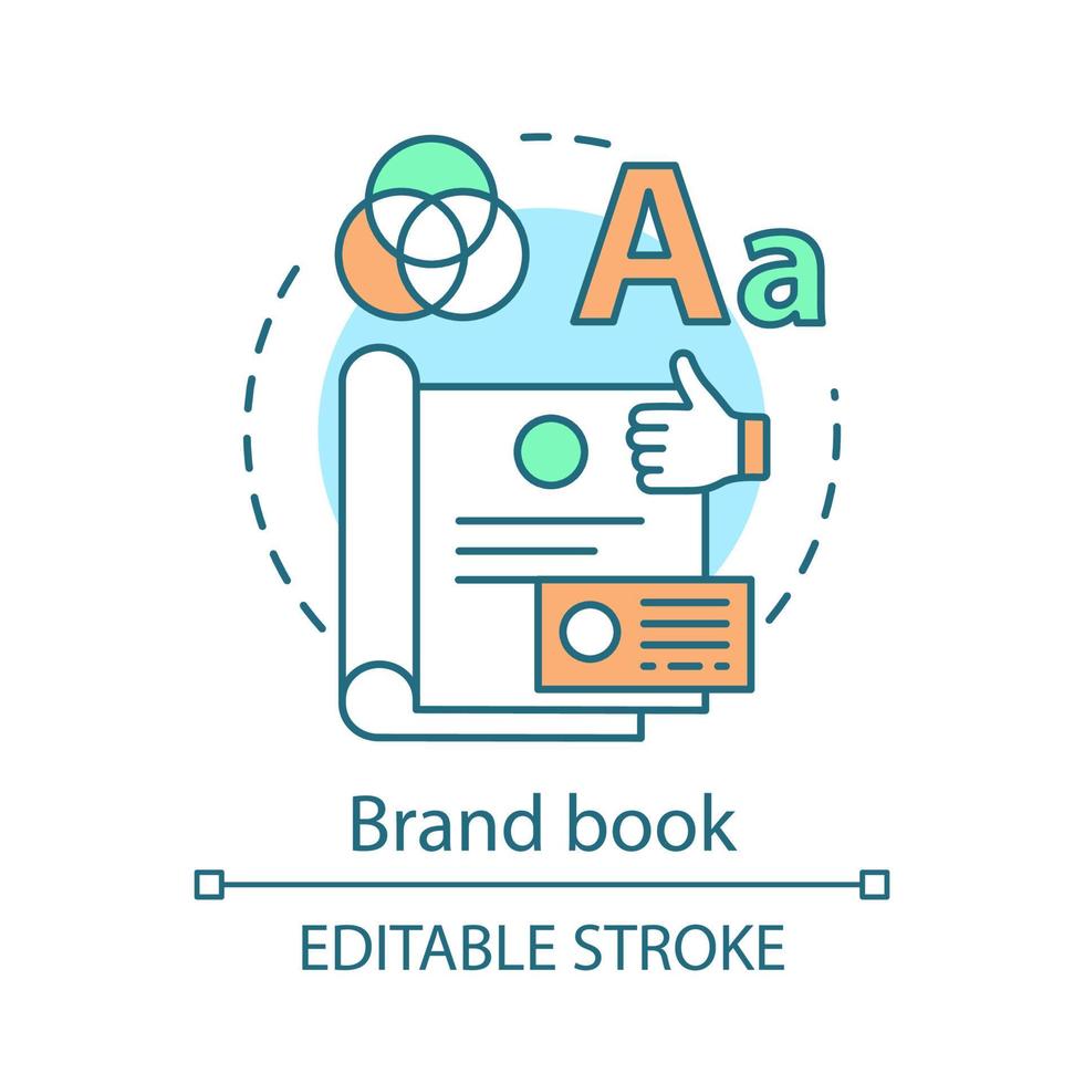 Brand book concept icon. Brand management idea thin line illustration. Official company document. Concepts, attributes, target audience description. Vector isolated outline drawing. Editable stroke