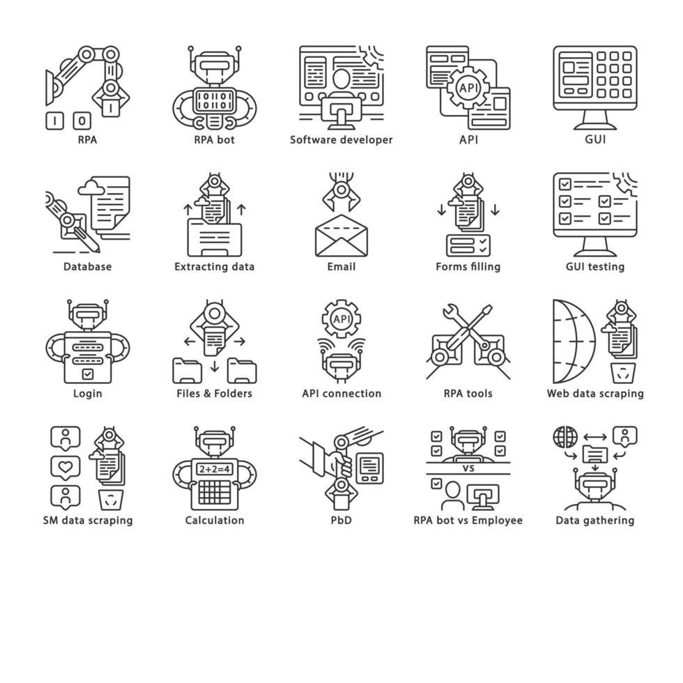 RPA linear icons set. Robotic process automation. Clerical process automation. Software robots. Automate workflows. Thin line contour symbols. Isolated vector outline illustrations. Editable stroke