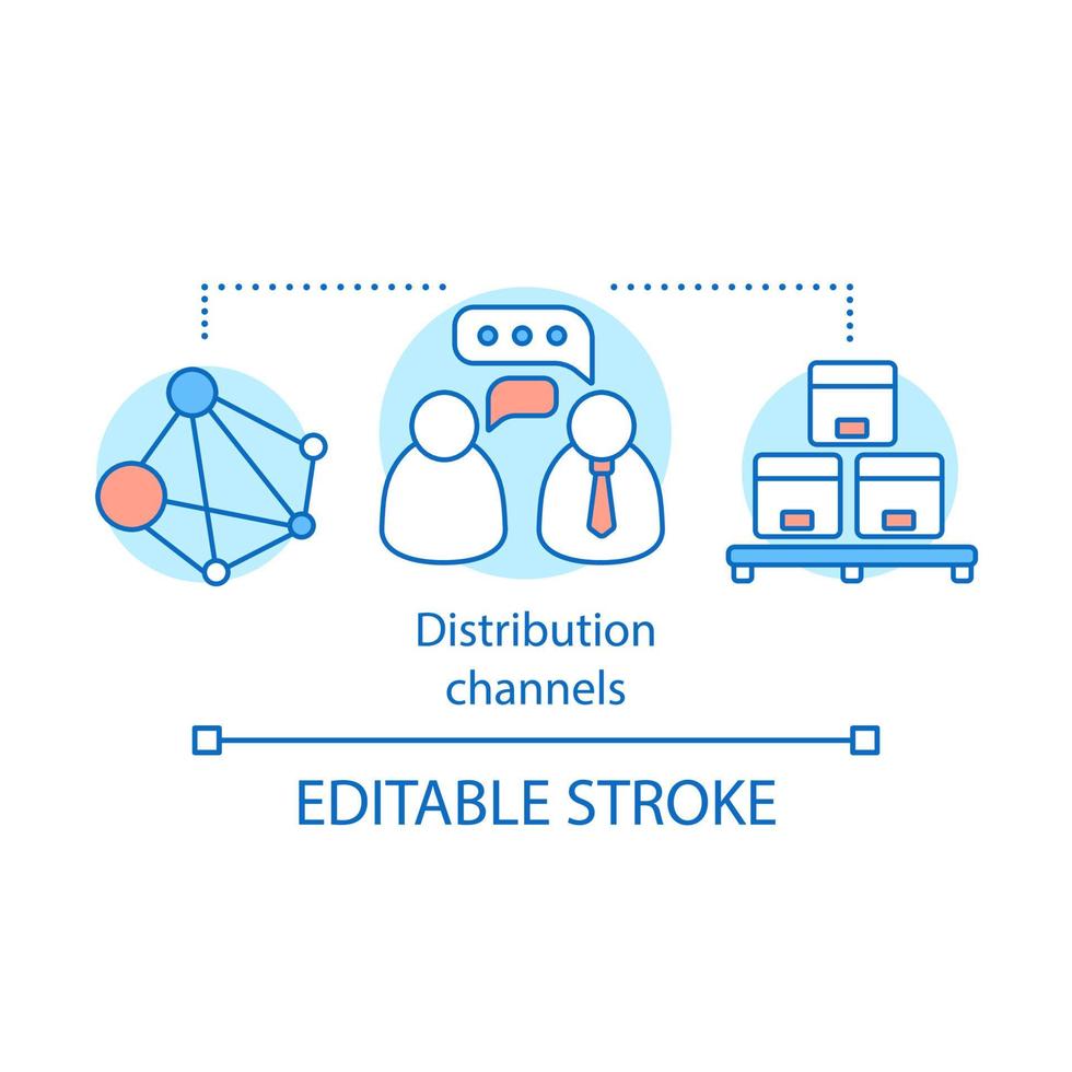 Distribution channels concept icon. Marketing idea thin line illustration. Business chain. Branding strategy. Vector isolated outline drawing. Editable stroke