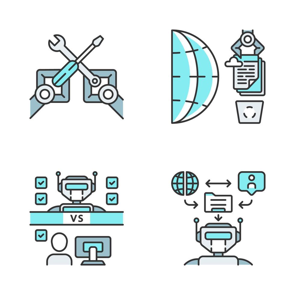 RPA color icons set. Clerical process automation technology. Benefits of using robots. RPA tools, web data scraping, gathering, bot vs employee. Isolated vector illustrations