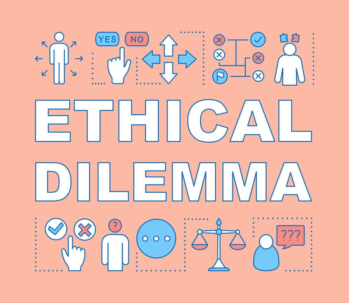 Ethical dilemma word concepts banner. Moral choice, solution. Ethical decision making. Presentation, website. Isolated lettering typography idea with linear icons. Vector outline illustration