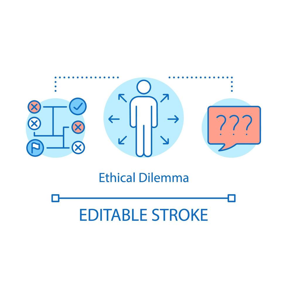 icono del concepto de dilema ético. Ilustración de línea fina de idea de resolución de problemas morales. toma de decisiones éticas. la resolución de conflictos. cuestión cuestionable. dibujo de contorno aislado vectorial. trazo editable vector