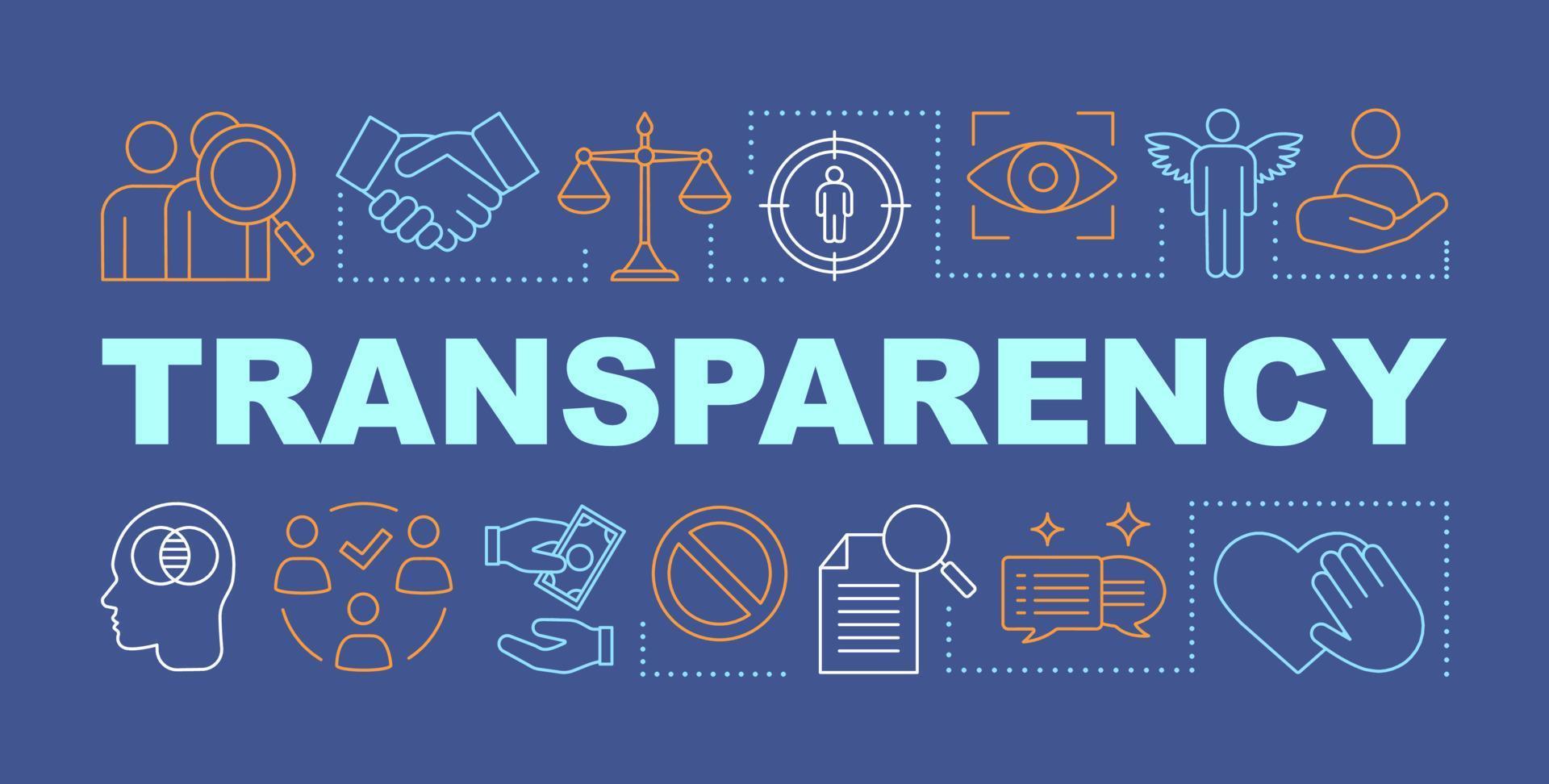 Transparency word concepts banner. Reliability, morality. Business ethics. Openness, fairness. Presentation, website. Isolated lettering typography idea with linear icons. Vector outline illustration