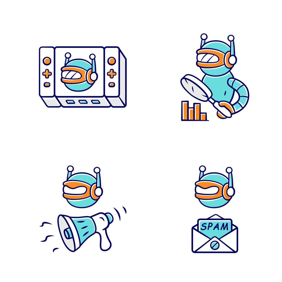 Conjunto de iconos de colores de robots web. juego, propaganda, seguimiento, spam bot. inteligencia artificial, ai. realidad virtual. ataque de spam. redes sociales, campaña de marketing. ilustraciones vectoriales aisladas vector