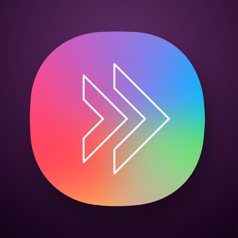 Double arrow app icon. Rewinding button. Navigation pointer, indicator symbol. Next, forward arrow pointing rightward. UI UX user interface. Web or mobile application. Vector isolated illustration