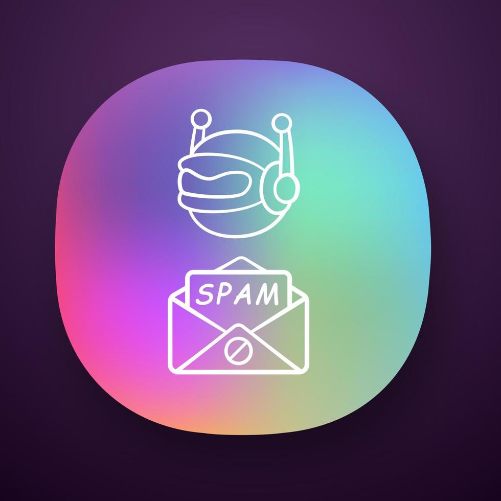 Spambot app icon. Virus advertisements, links. Spam bot. Malicious phishing sites. Spam advertising software sending. UI UX user interface. Web or mobile application. Vector isolated illustration