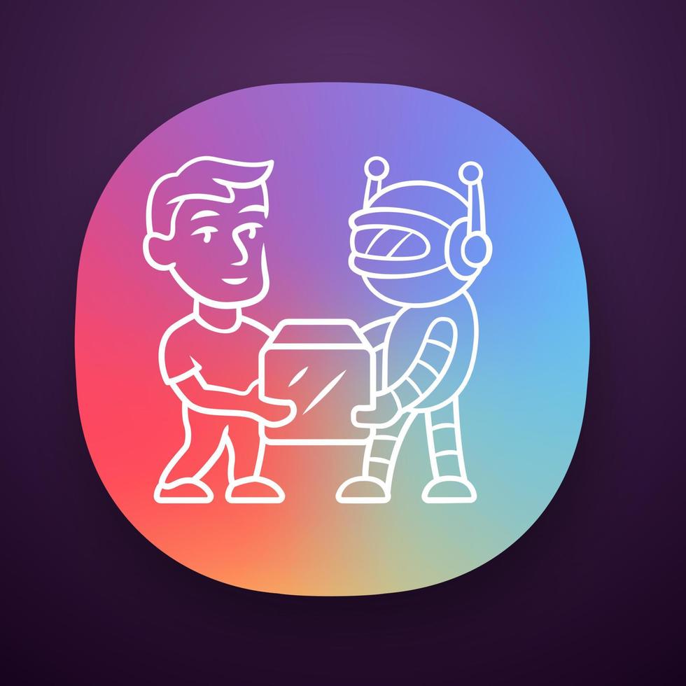 Transactional bot app icon. Artificial intelligence. Partner bot. Man and robot holding box. Robotic delivery service. UI UX user interface. Web or mobile application. Vector isolated illustration