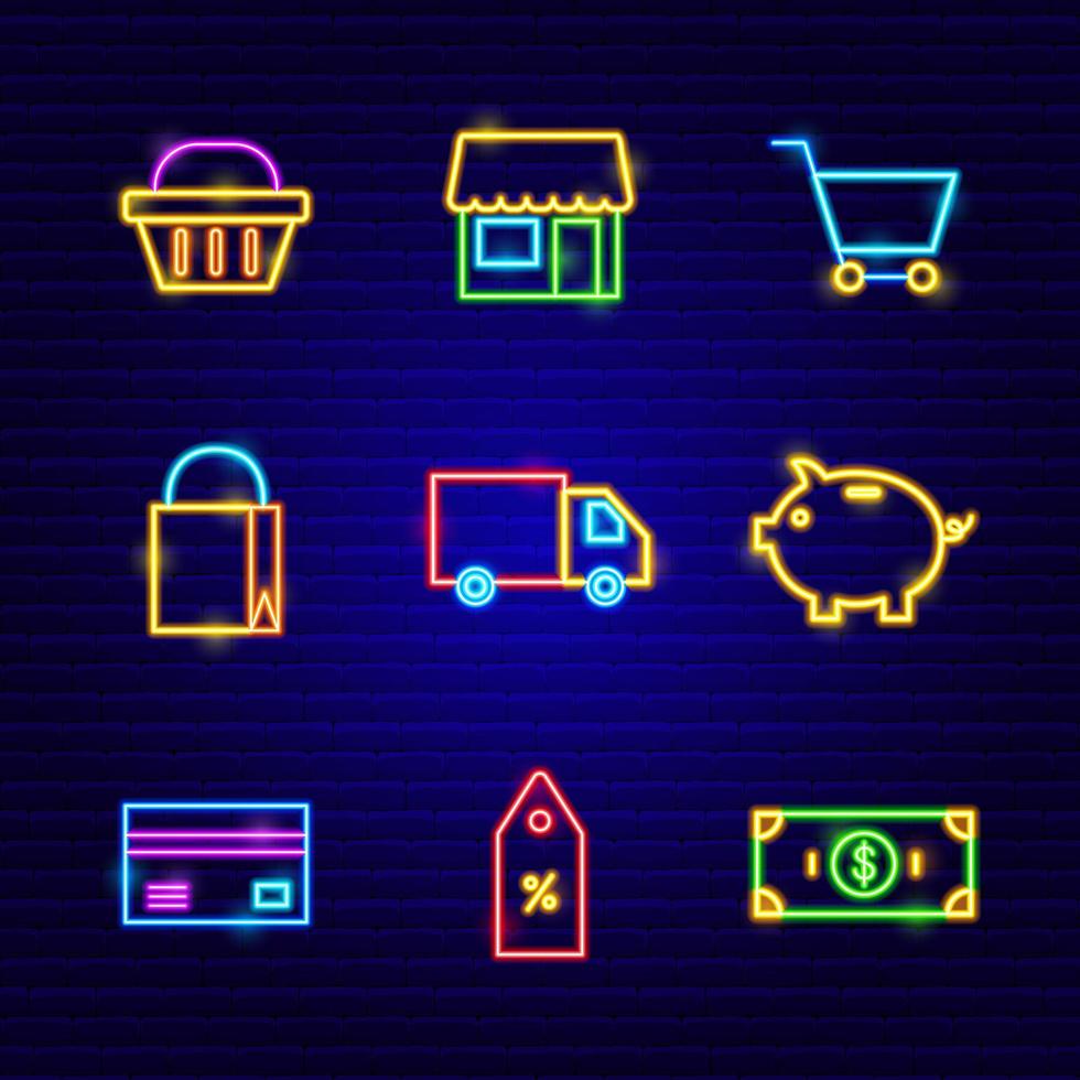 conjunto de iconos de tienda de neón vector