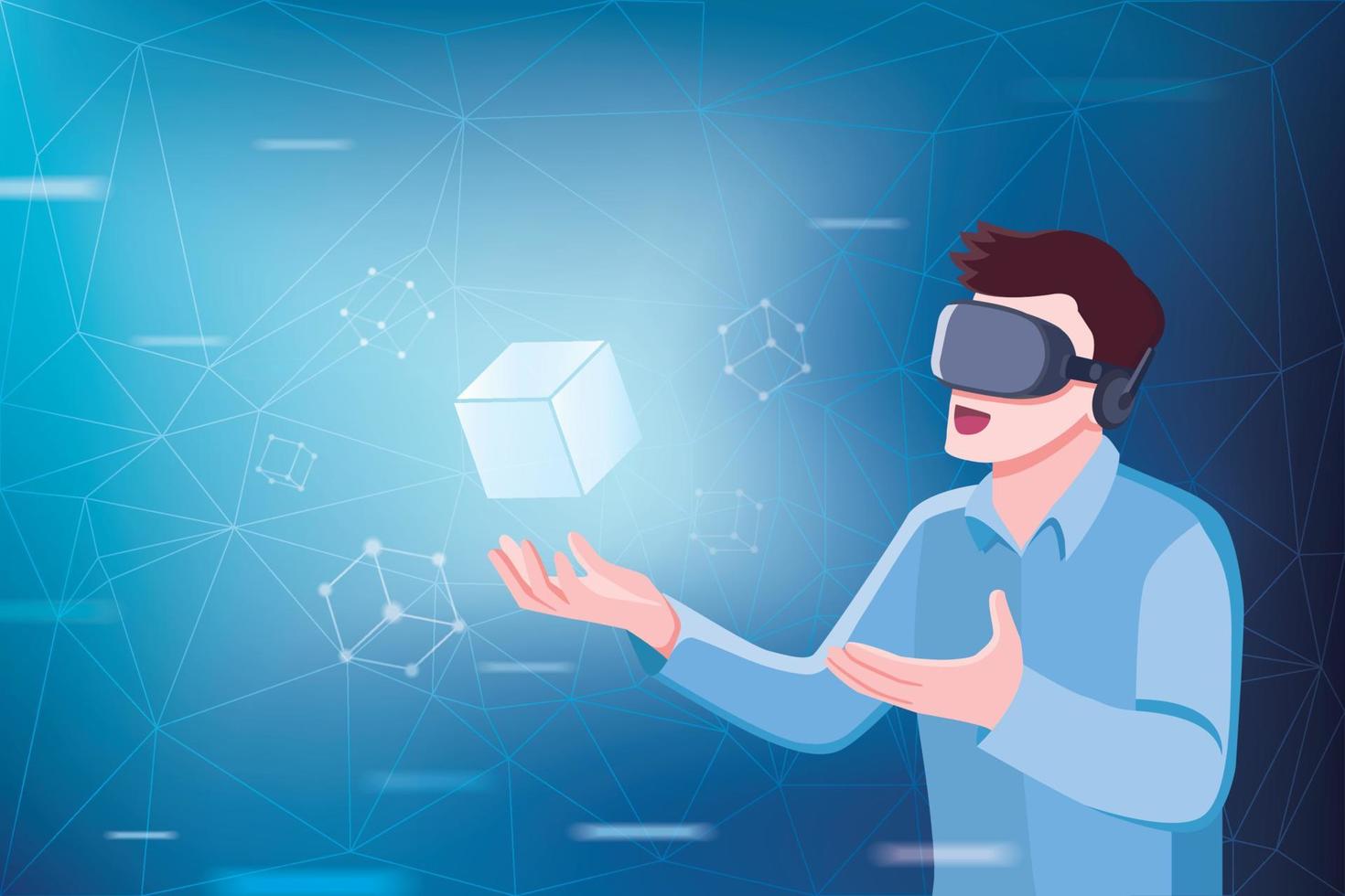 Virtual Reality Worlds, Man in virtual reality glasses and Blockchain technology background. cryptography hash and transaction data, a Virtual World concept. vector illustration