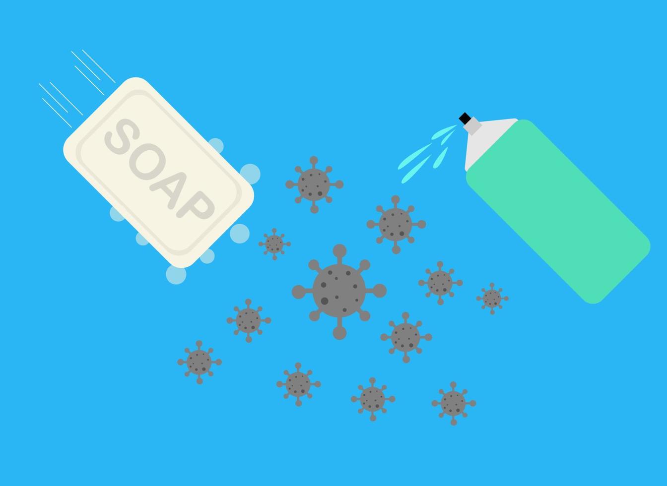 Illustration vector design of soap and hand sanitizer attacking virus