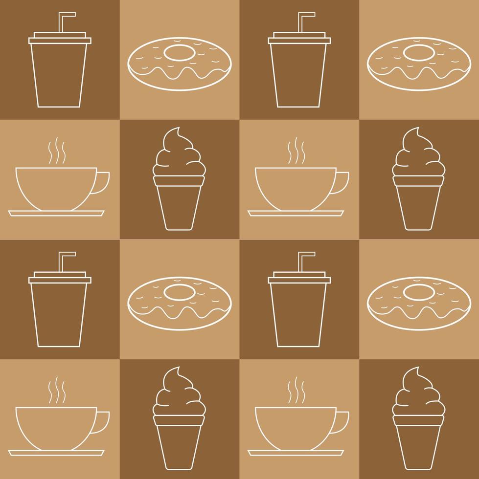 Illustration vector design of donuts, plastic glass, ice cream, coffee make a pattern. Good to place as food court background, packaging design, cafe, restaurant, etc.