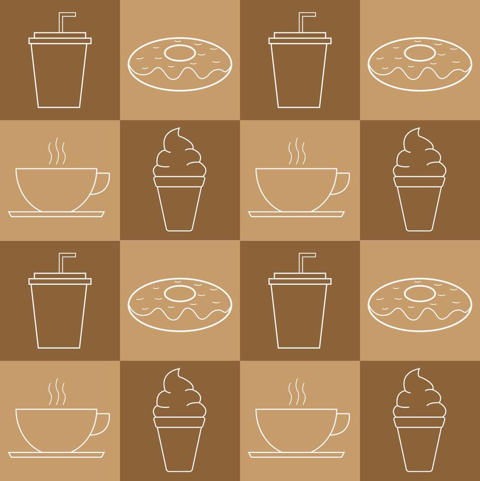 diseño de ilustración vectorial de donas, vaso de plástico, helado, café hacen un patrón. bueno para colocar como fondo de patio de comidas, diseño de empaque, cafetería, restaurante, etc. vector