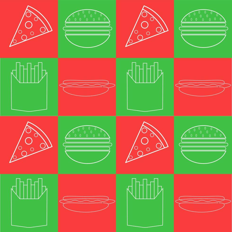 Illustration vector design of burger, pizza, french fries and hotdog in pattern design. Fit to put on packaging, Italian cafe, Italian restaurant, food court, traveling merchandise, etc.