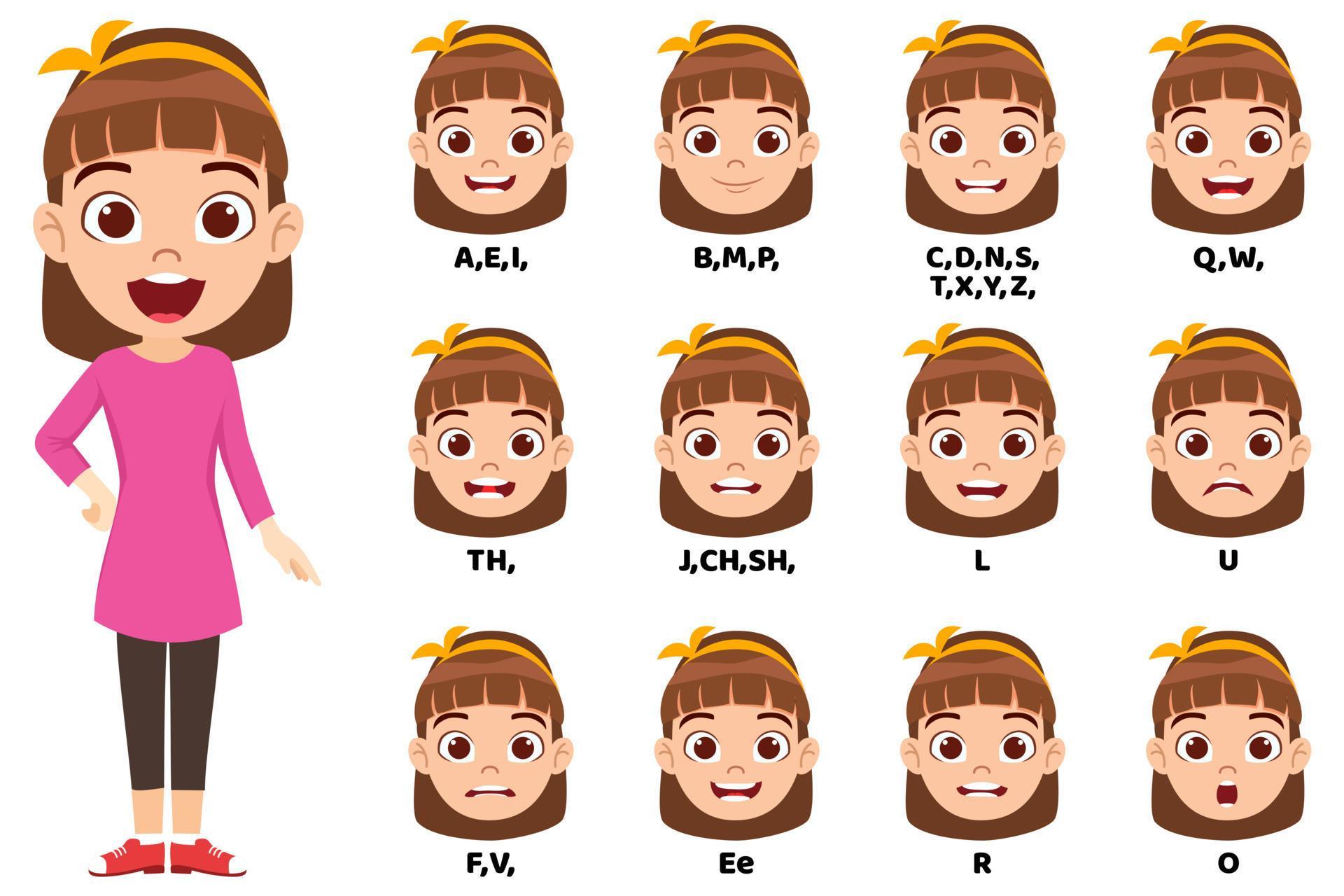 Cartoon kid girl character talking mouth and lips expressions vector