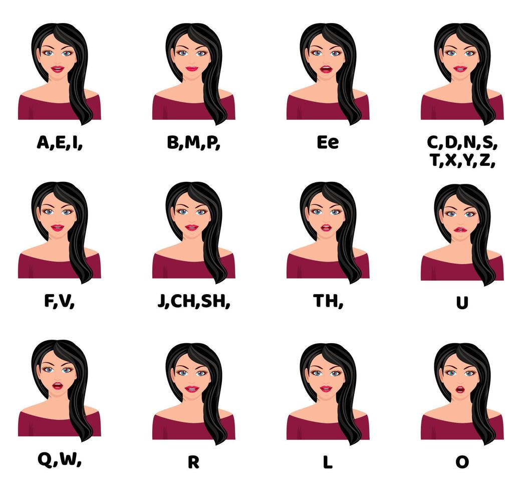 Cute beautiful girl character avatar and with mouth animation pack with lip syncing set for animation and sound pronunciation wearing beautiful outfit vector