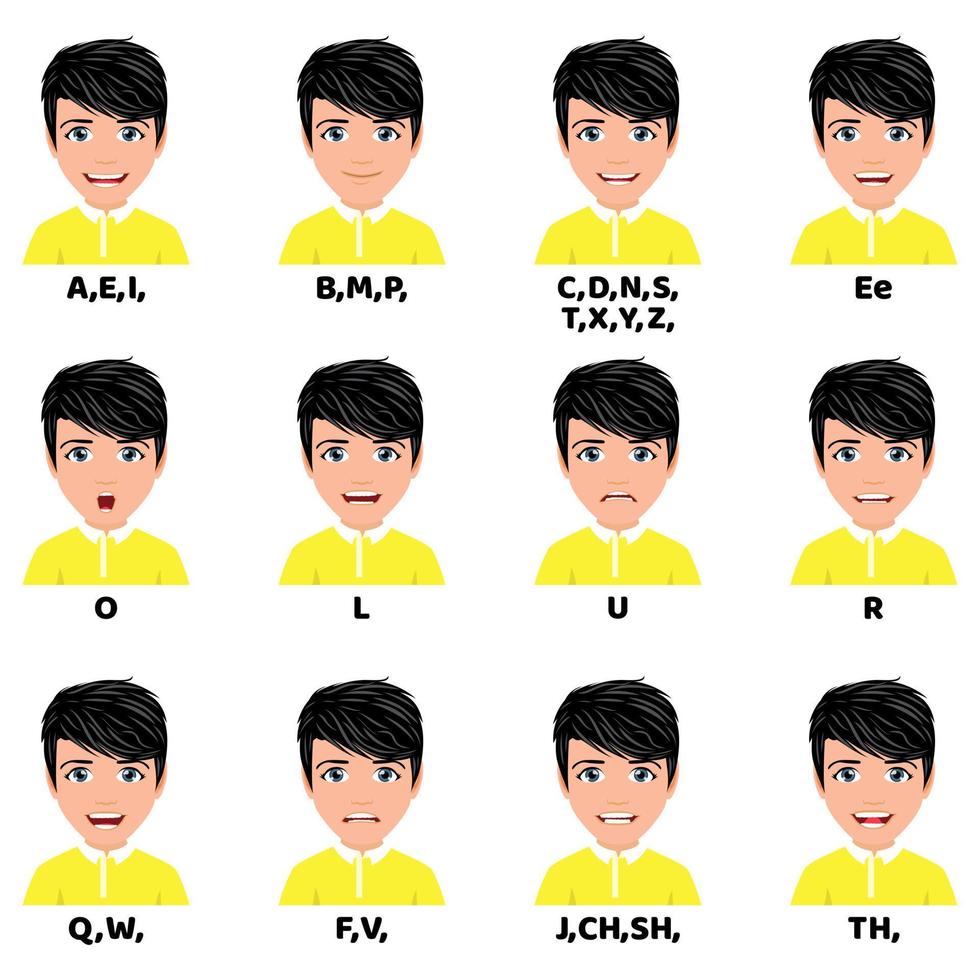 Male character avatar with mouth animation pack with lip syncing set for animation and sound pronunciation vector