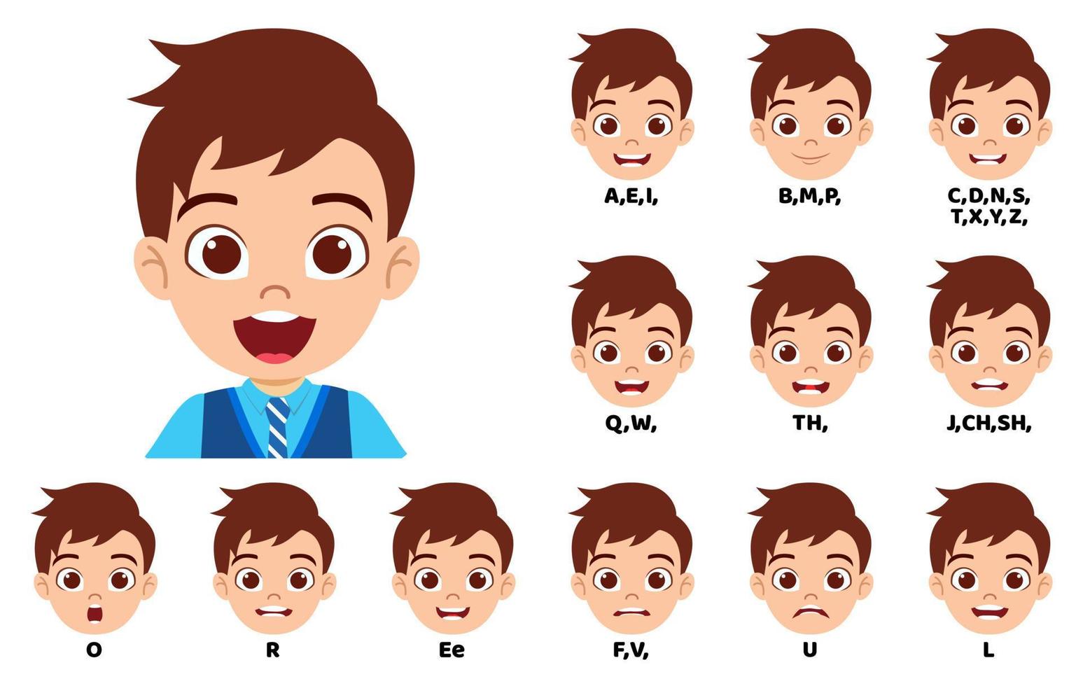 Kid school boy character standing bag and with mouth animation pack with lip syncing set for animation and sound pronunciation isolated vector