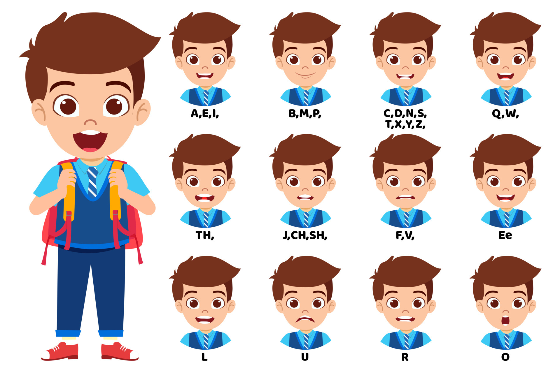 Kid school boy character standing bag and with mouth animation pack with  lip syncing set for animation and sound pronunciation 4977297 Vector Art at  Vecteezy