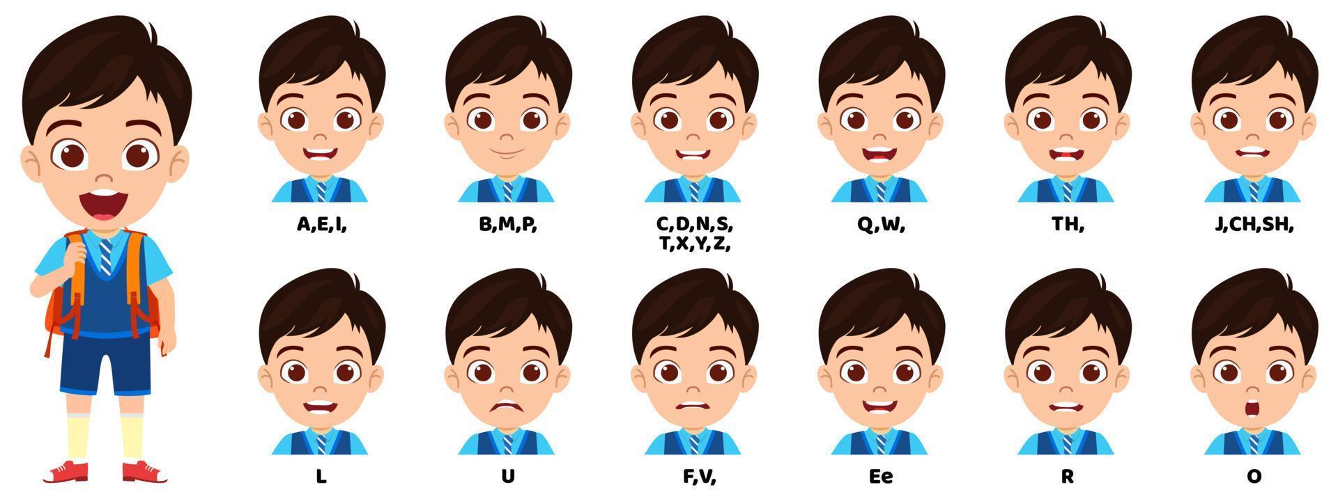 Cute kid school boy character standing bag and with mouth animation pack with lip syncing set for animation and sound pronunciation vector