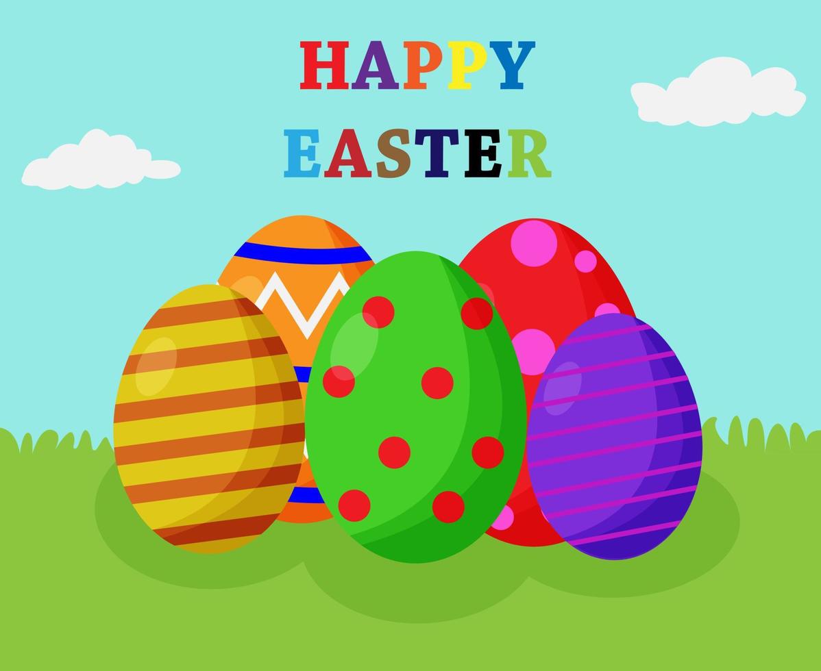 Decorative Easter eggs on green grass, vector illustration
