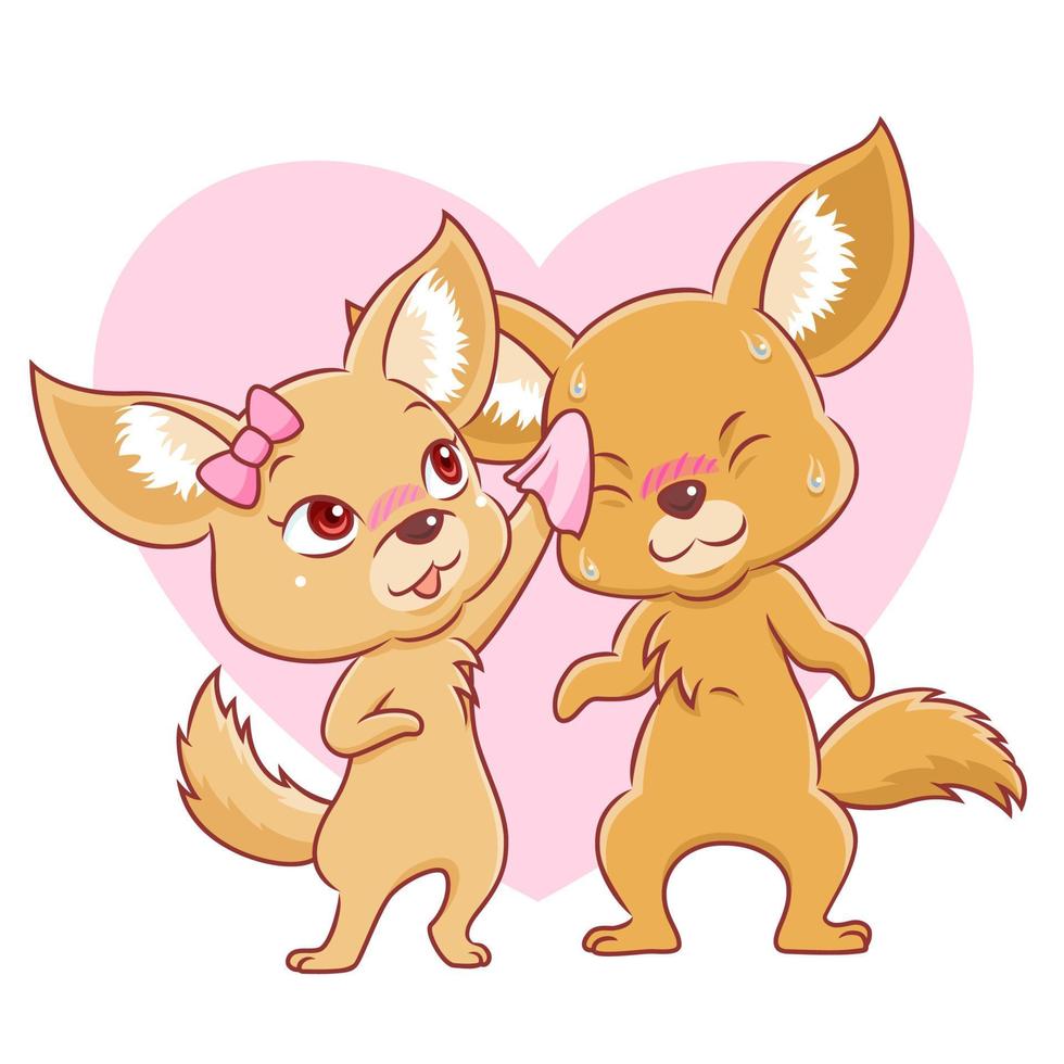 Cute couple of fennec foxes falling in love isolated on white background. vector