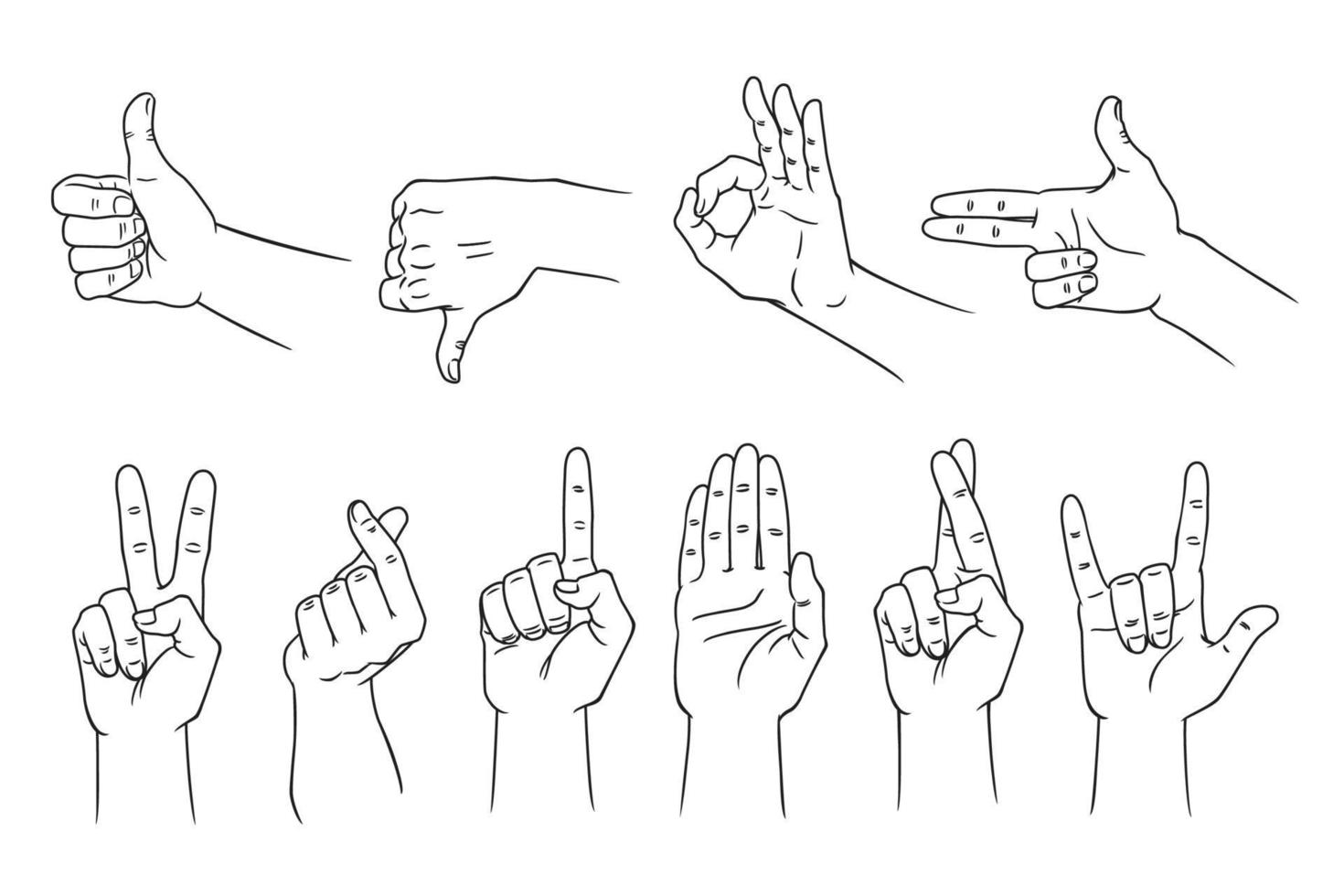 Set of vector hands in line art style.