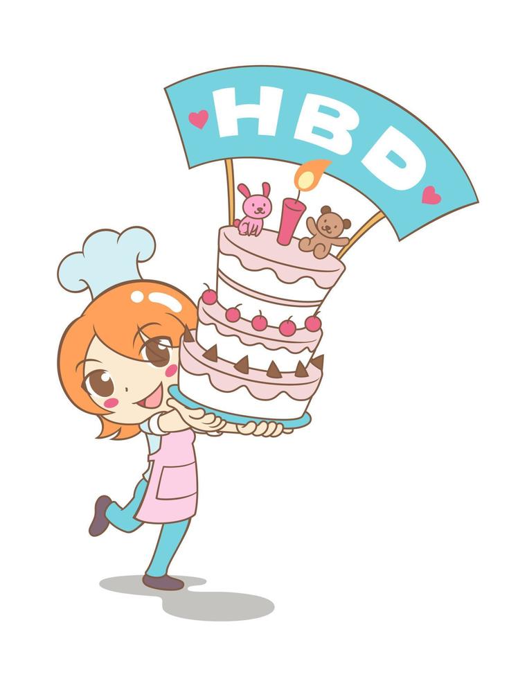 Cartoon vector of girl holding tower cake for birthday.