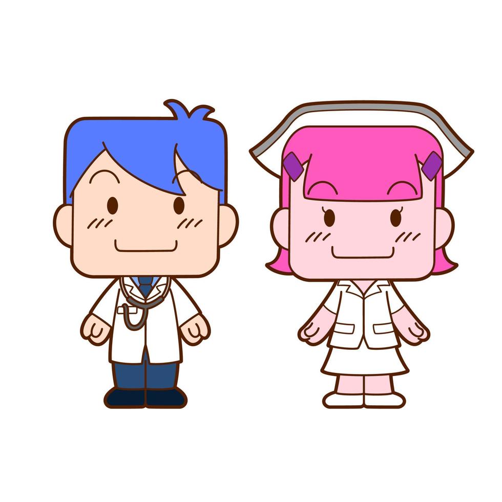 Cute cartoon character of doctor and nurse. vector