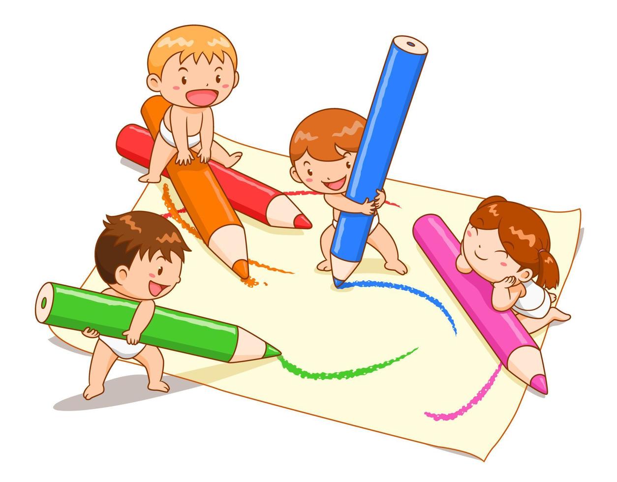 Cartoon illustration of cute kids playing colour pencils on paper. vector
