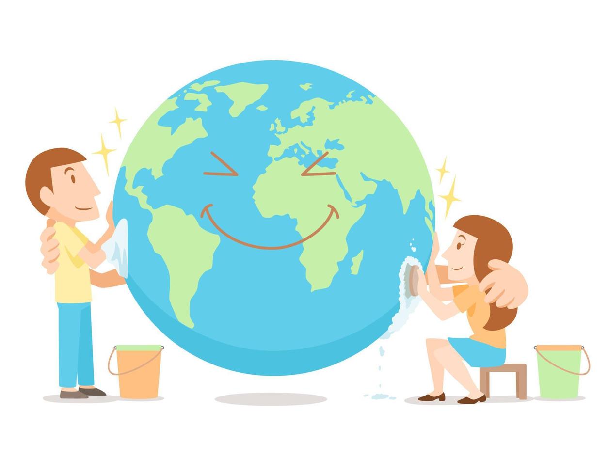 Cartoon illustration Man and Woman cleaning up the World. vector