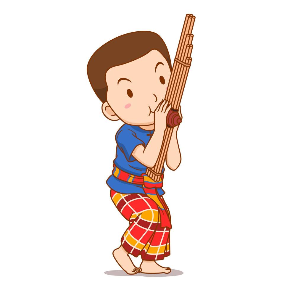 personaje de dibujos animados de niño tocando el instrumento khaen. vector