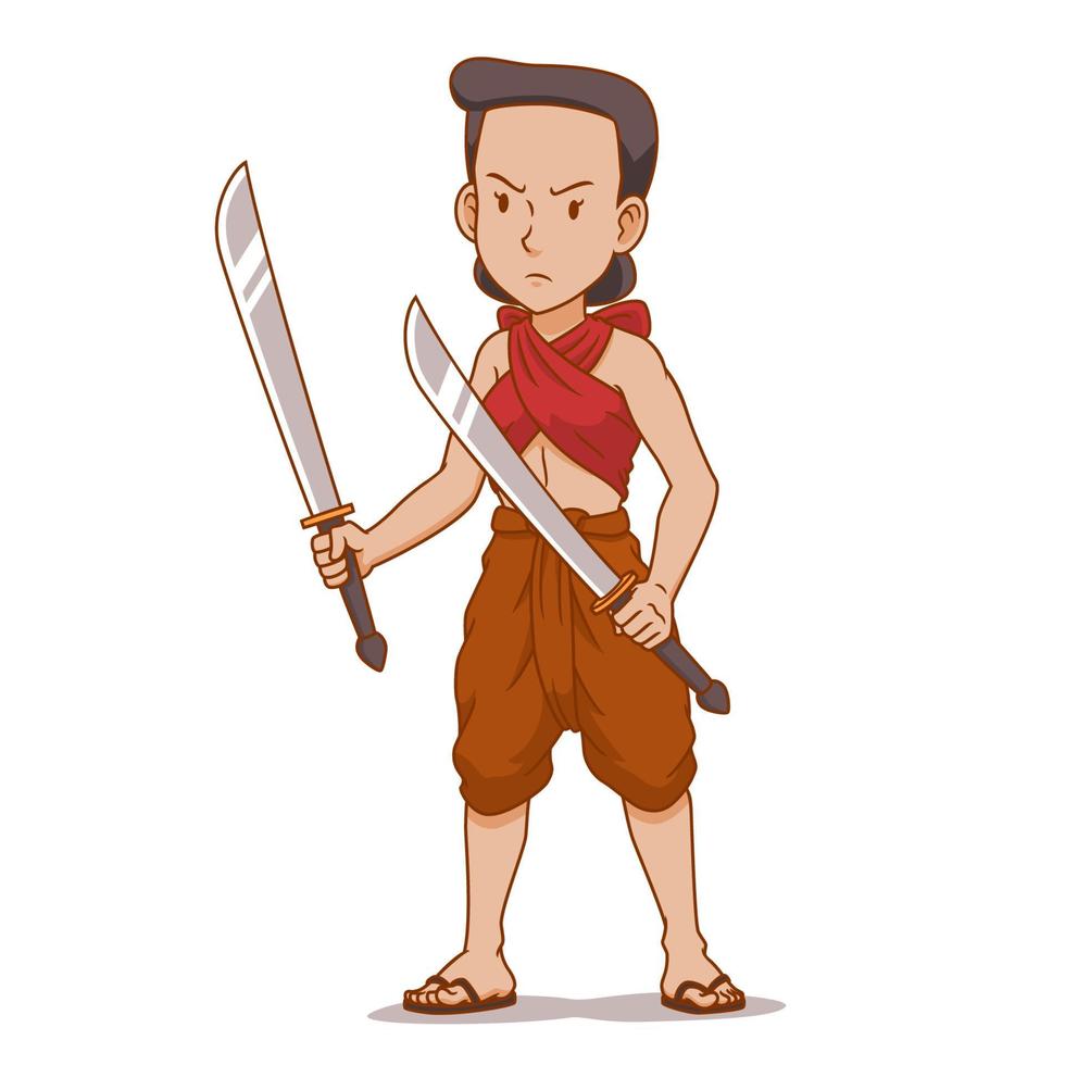 personaje de dibujos animados del antiguo guerrero tailandés con espadas dobles. vector