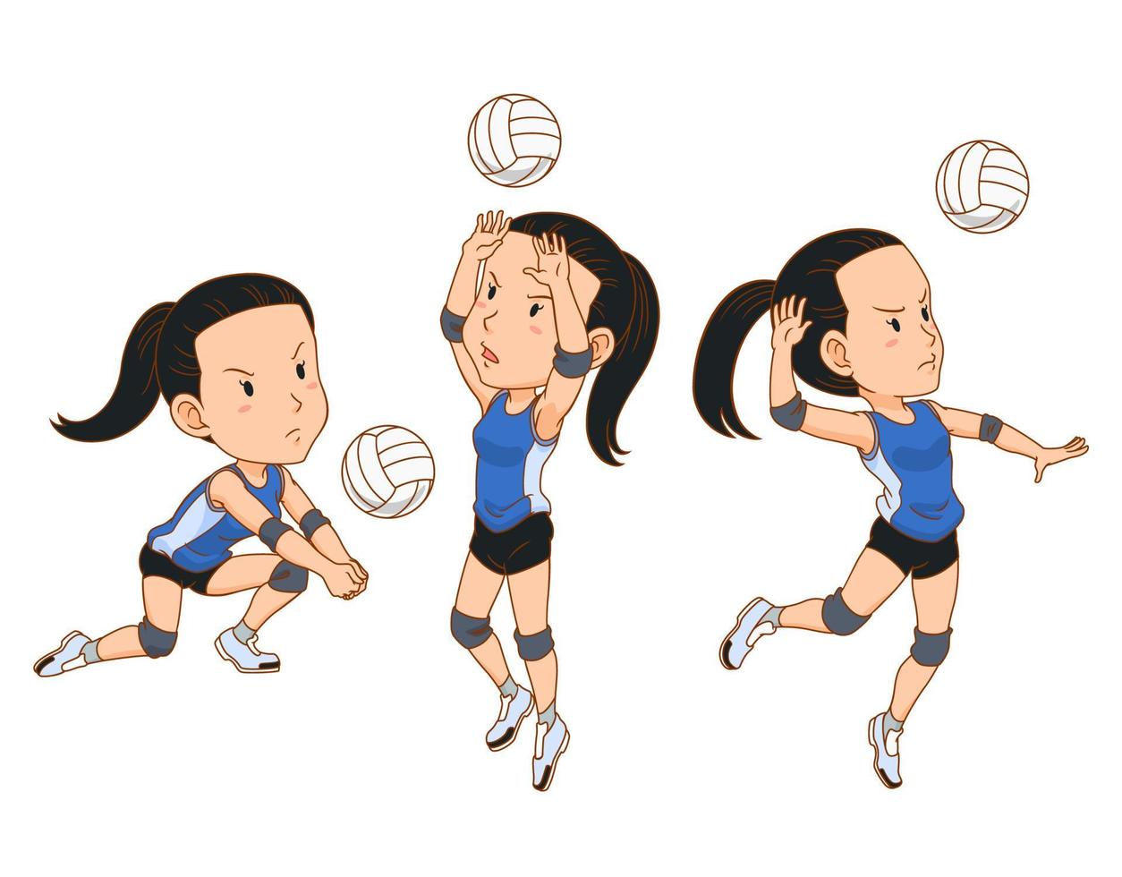 personaje de dibujos animados de jugador de voleibol en diferentes poses. vector