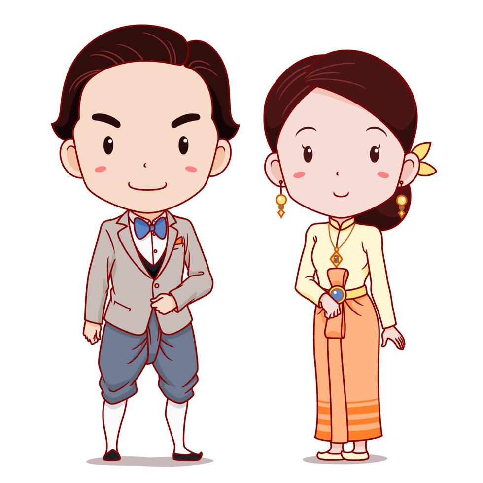 linda pareja de personajes de dibujos animados en traje tradicional tailandés aplicado. vector