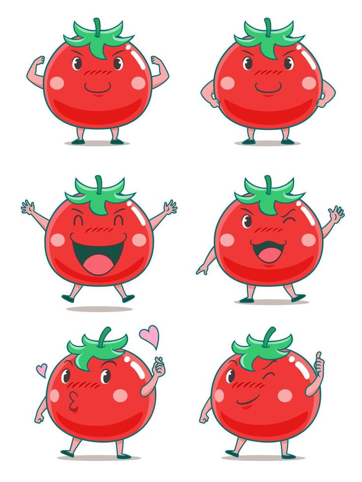 Set of cute cartoon tomatoes in different poses. vector