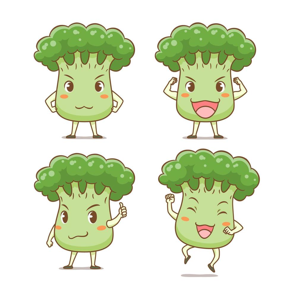 Set of Cute cartoon broccoli in different poses. vector