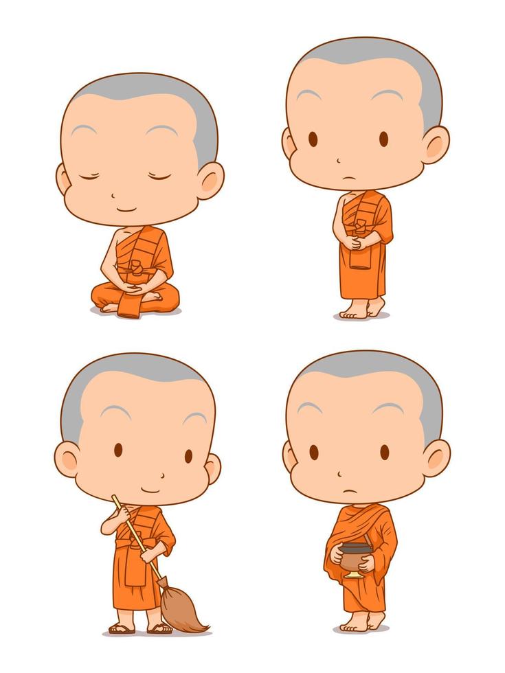 Cartoon character of Buddhist monks in different poses. vector