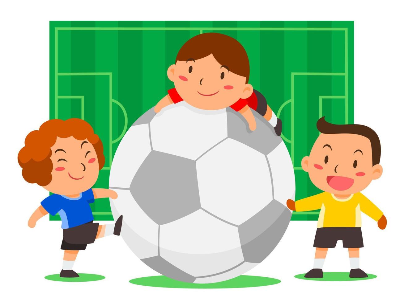 Ilustración de dibujos animados de lindos jugadores de fútbol con pelota grande en el fondo del campo de fútbol. vector