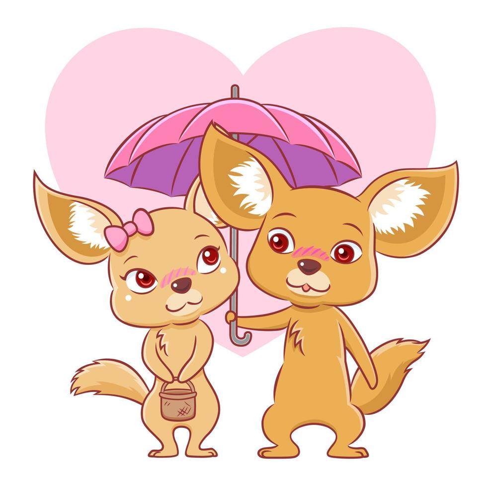 Cute couple of fennec foxes falling in love isolated on white background. vector
