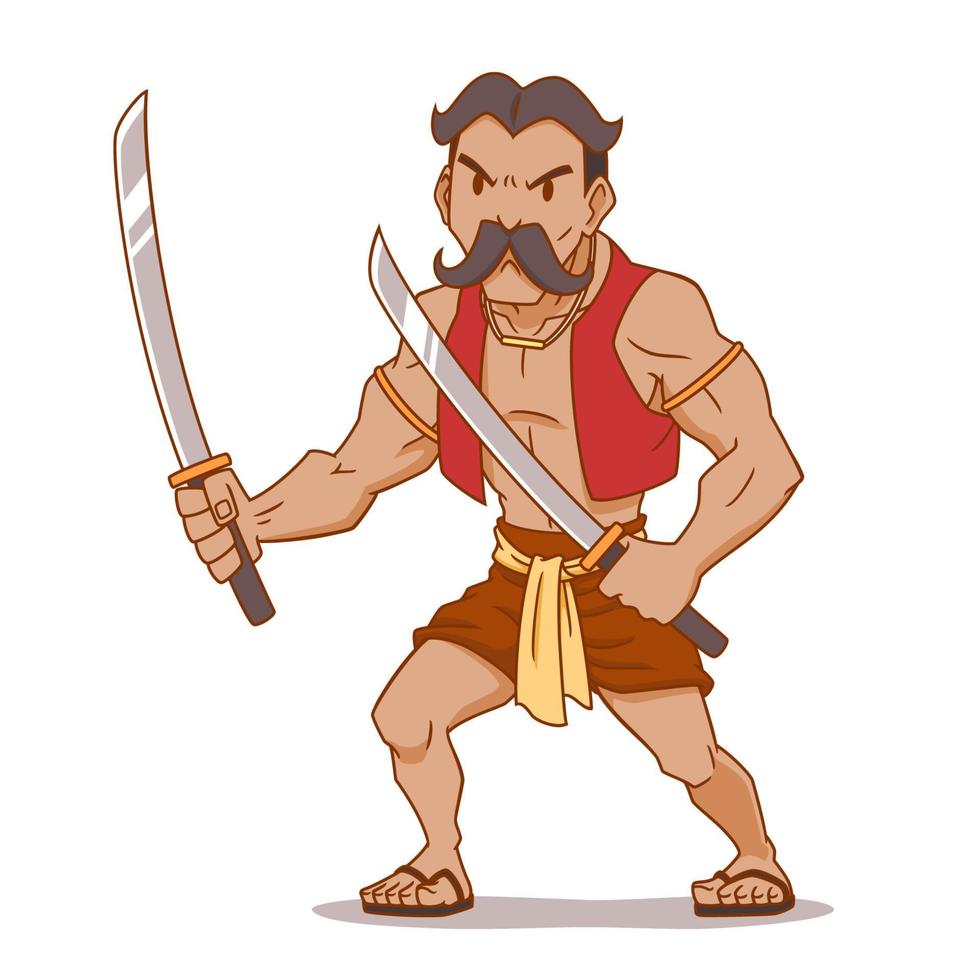 Cartoon character of Thai ancient warrior holding double swords. vector