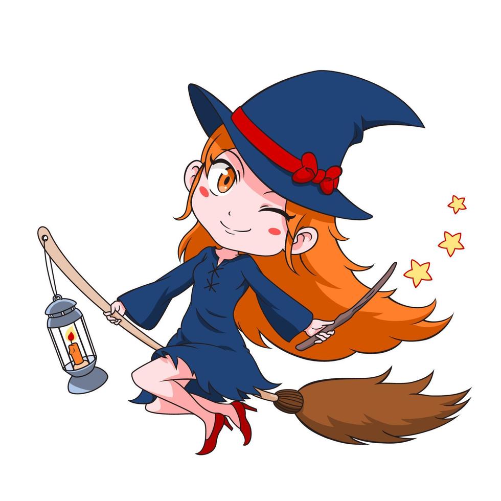 Cute cartoon witch flying on a broom. vector
