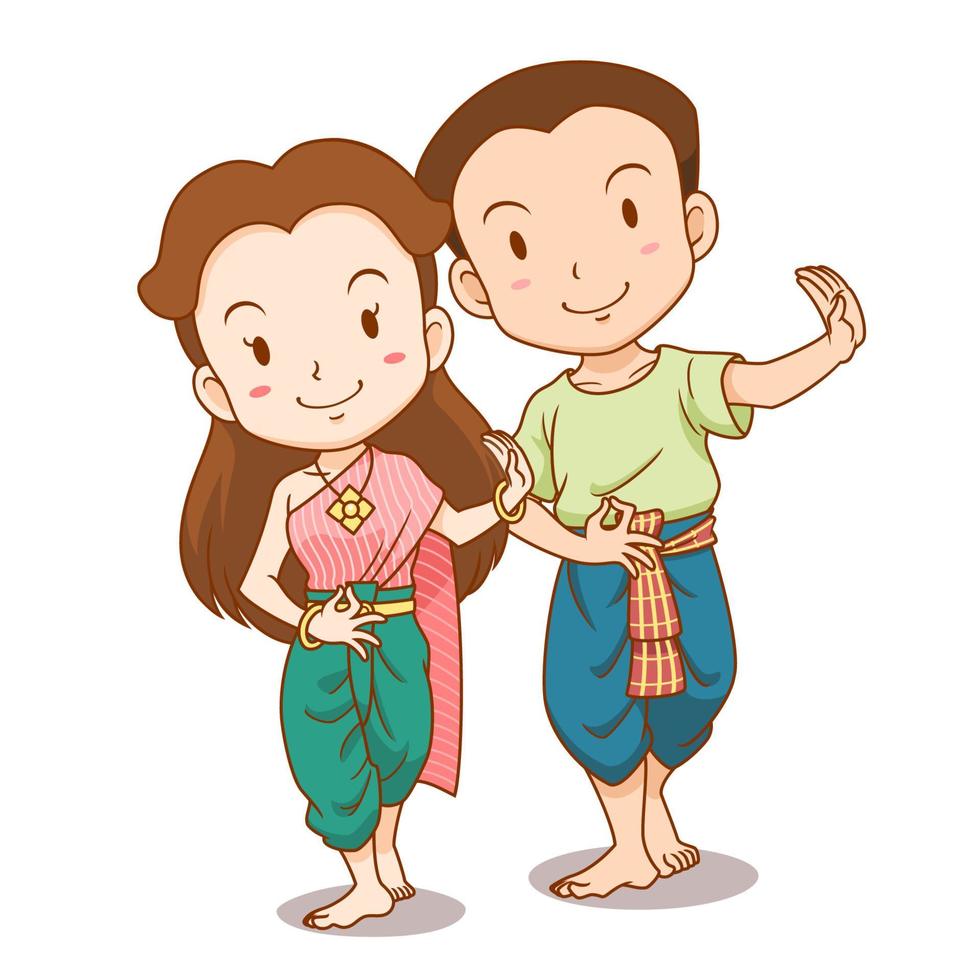 Cute couple cartoon of traditional Thai dancers. vector